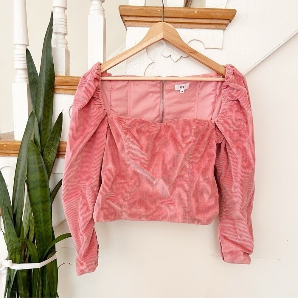 LPA Corduroy Pink Long Sleeve Crop Top Puff Sleeve Square Neckline Size M Medium